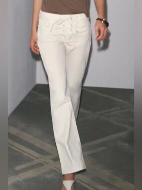 NWOT Zara ZW Collection Flare Mid Rise Off White Jeans with Ties Lace-Up Front